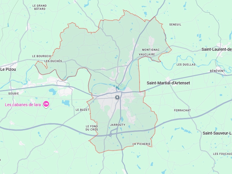 Carte Locales Lacs : Pizou, Saint-Martial-d'Artenet Carte délimitant la zone de Lacs avec localités : Le Pizou, Le Bourgeix, Les Duchés, Soubie, Saint-Martial-d'Artenet, Montignac Vauclaire, Seneuil, Jarry, La Picherie.